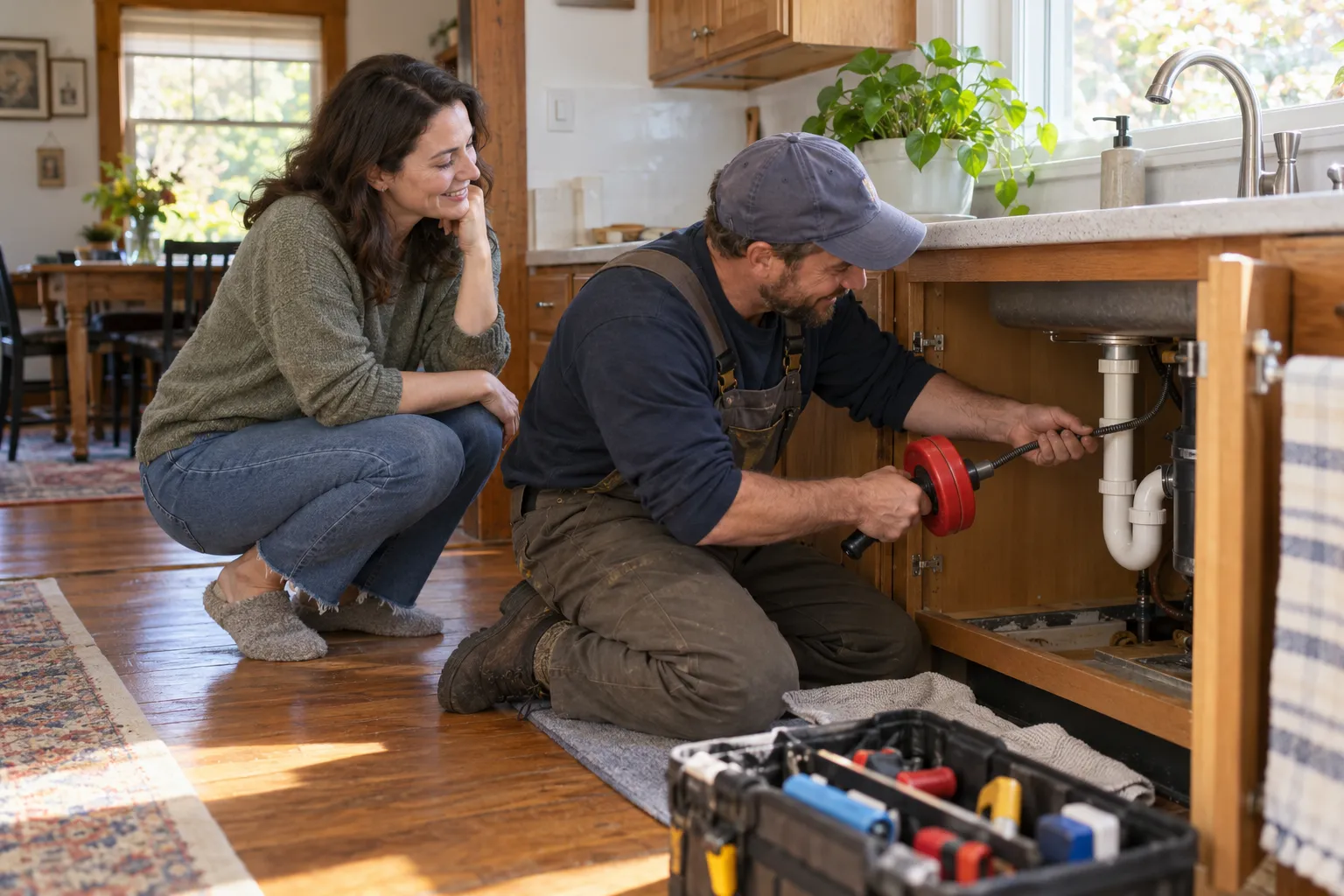 A friendly local provider clearing a kitchen drain in a the North Prairie area home