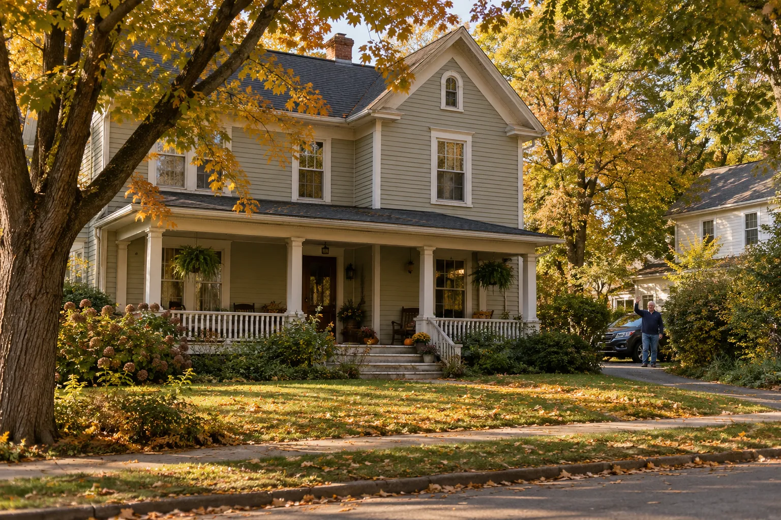 A frame house and tree-lined street in the North Prairie area
