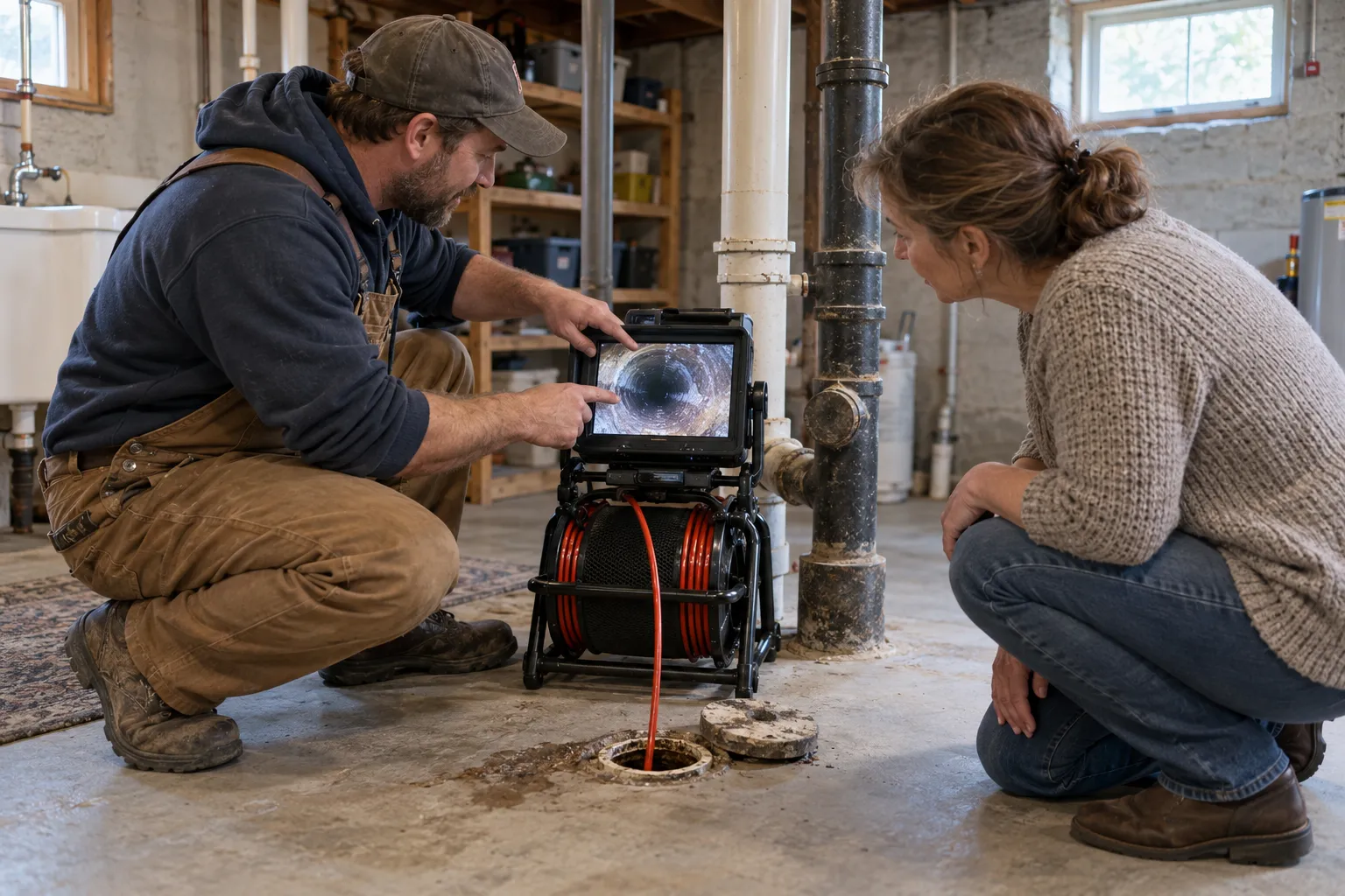 A local provider reviewing a sewer camera inspection with a homeowner near North Prairie